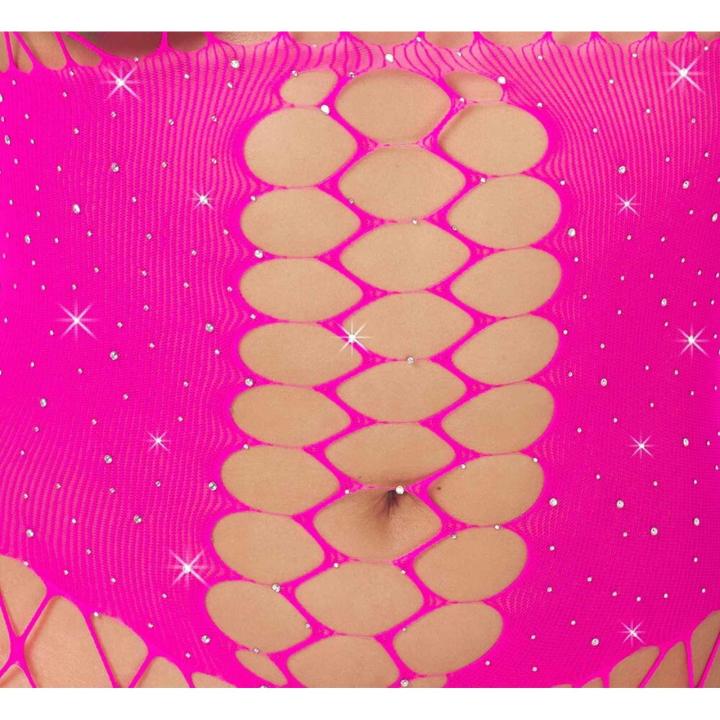 Różowy bodystocking z siateczki z dżetami i otwartym krokiem