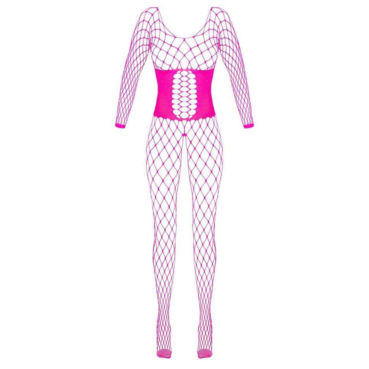 Różowy bodystocking z siateczki z dżetami i otwartym krokiem | Loris.pl