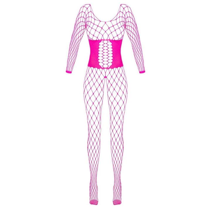 Różowy bodystocking z siateczki z dżetami i otwartym krokiem