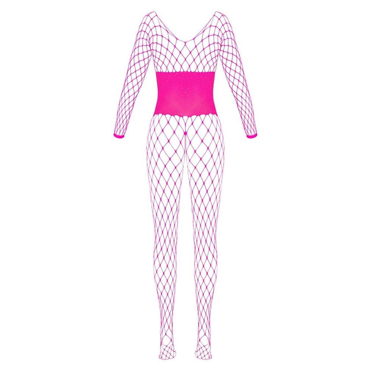 Różowy bodystocking z siateczki z dżetami i otwartym krokiem | Loris.pl