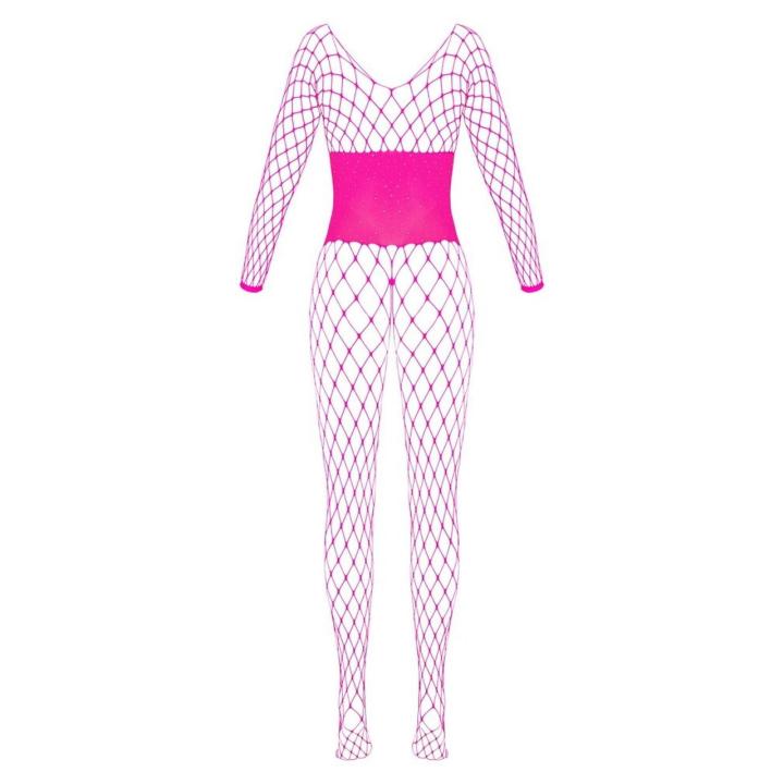 Różowy bodystocking z siateczki z dżetami i otwartym krokiem