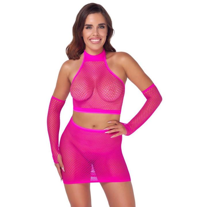 Różowy zestaw z siateczki 3-częściowy S-L – crop top, mini spódniczka i mankiety