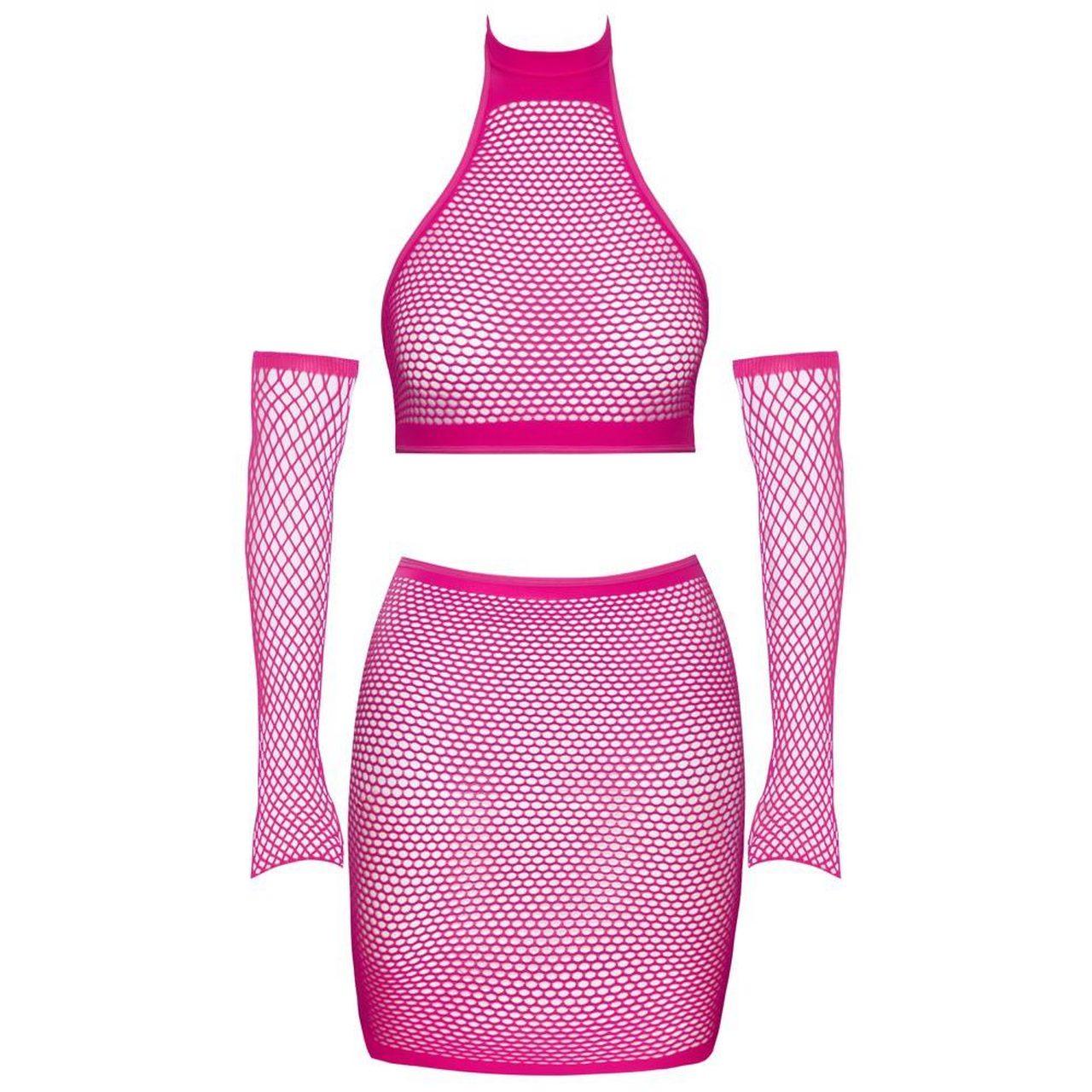 Różowy zestaw z siateczki 3-częściowy S-L – crop top, mini spódniczka i mankiety