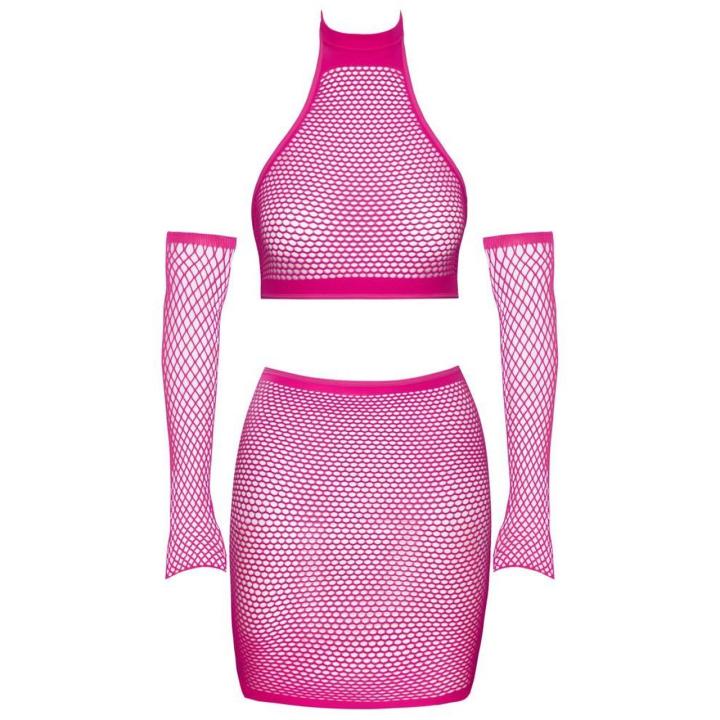 Różowy zestaw z siateczki 3-częściowy S-L – crop top, mini spódniczka i mankiety