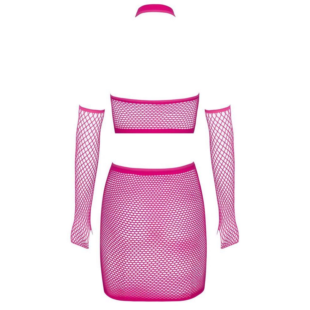 Różowy zestaw z siateczki 3-częściowy S-L – crop top, mini spódniczka i mankiety