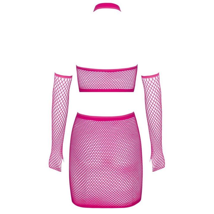 Różowy zestaw z siateczki 3-częściowy S-L – crop top, mini spódniczka i mankiety