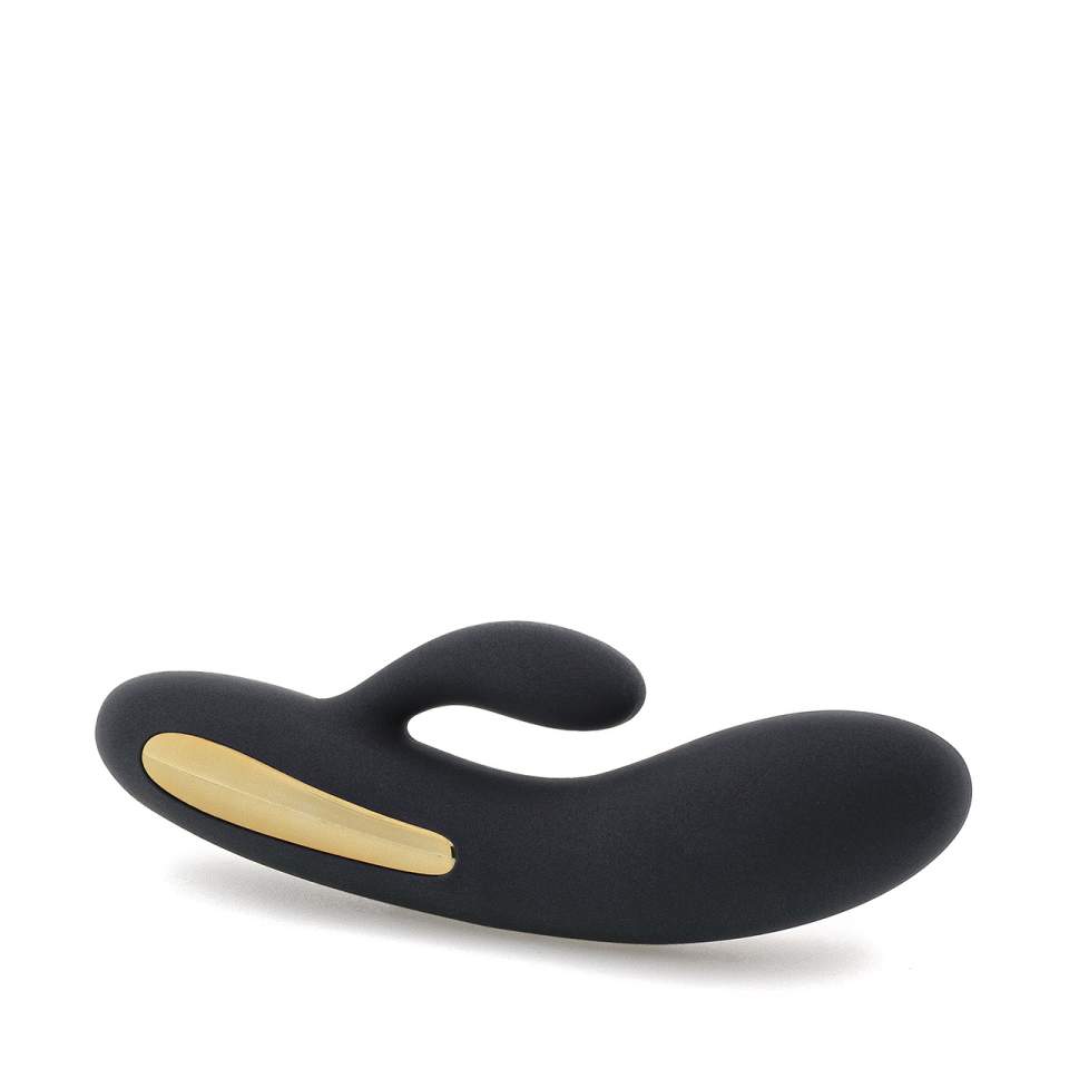 Czarny silikonowy wibrator króliczek ze stymulacją łechtaczki i światłem LED