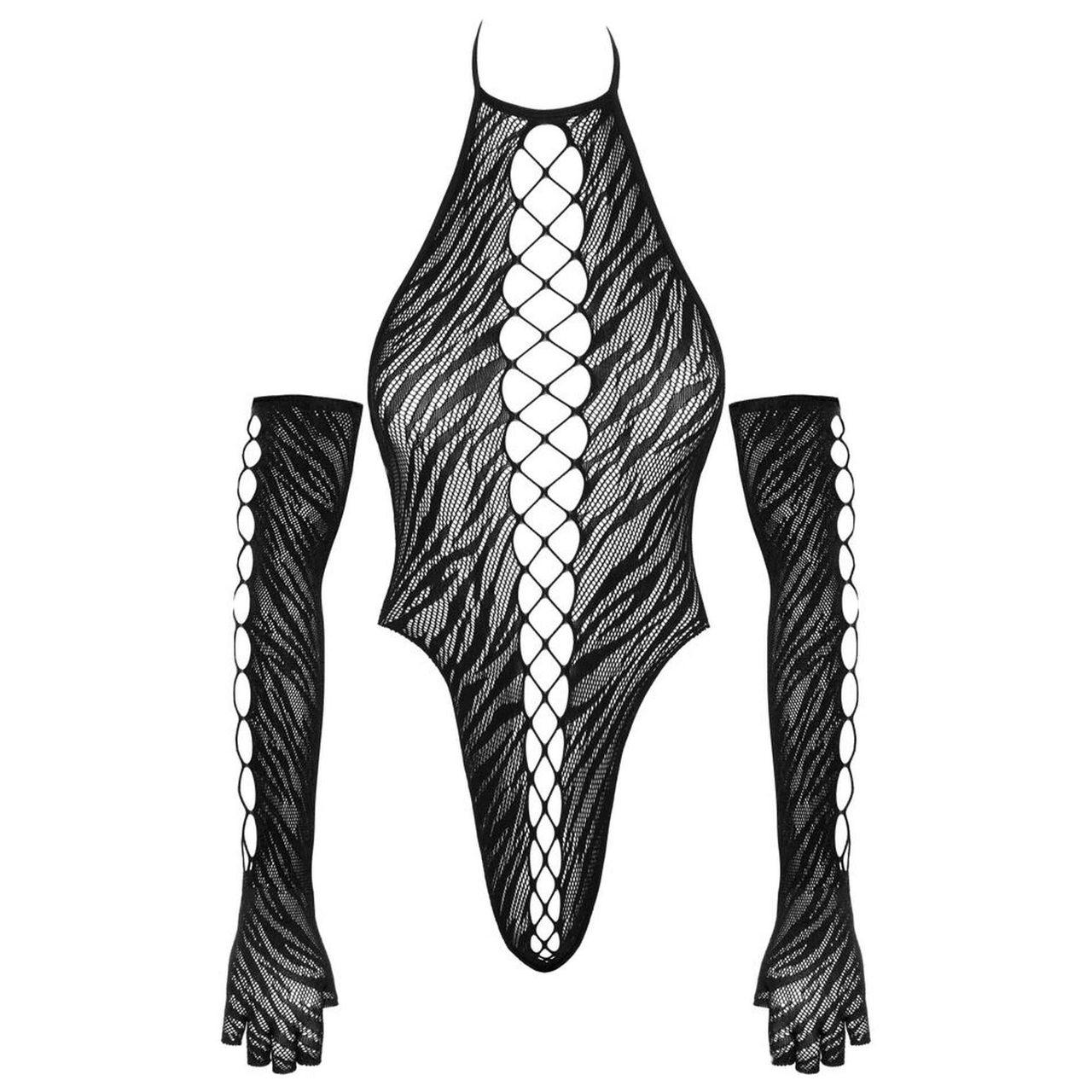 Czarne body w tygrysie paski z rękawiczkami S-L | Loris.pl