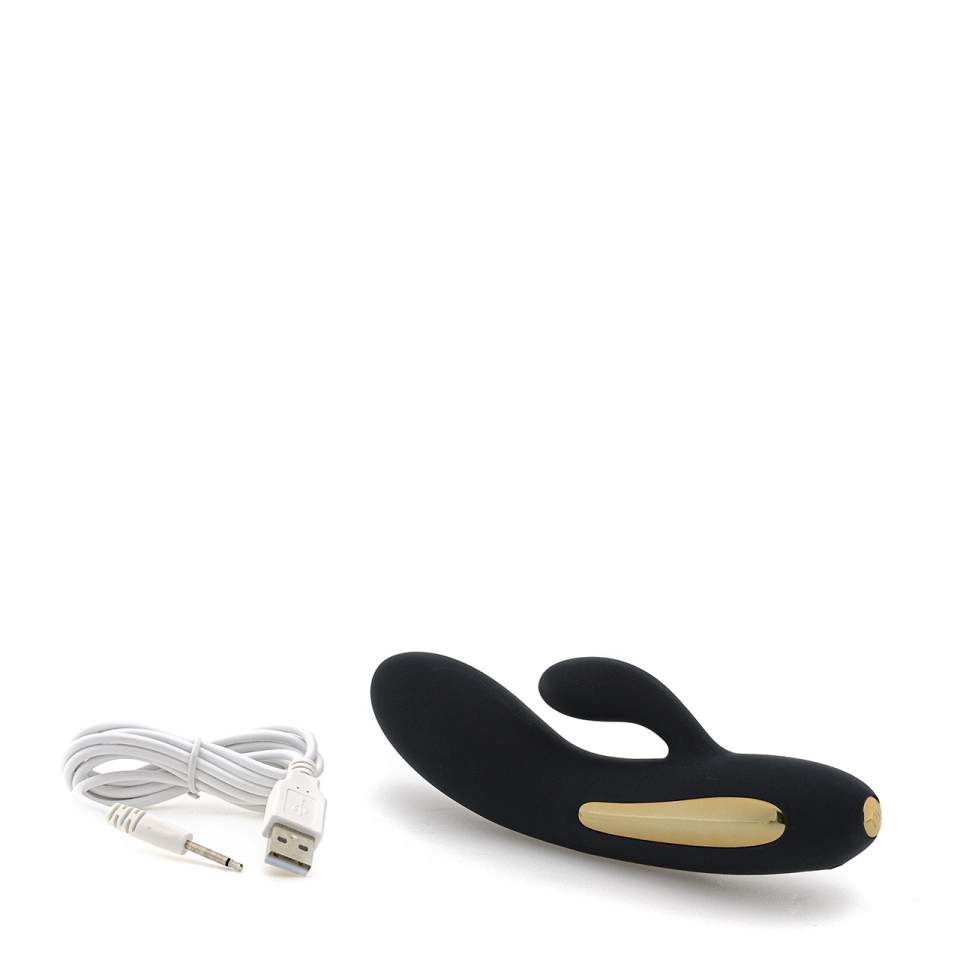 Czarny silikonowy wibrator króliczek ze stymulacją łechtaczki i światłem LED