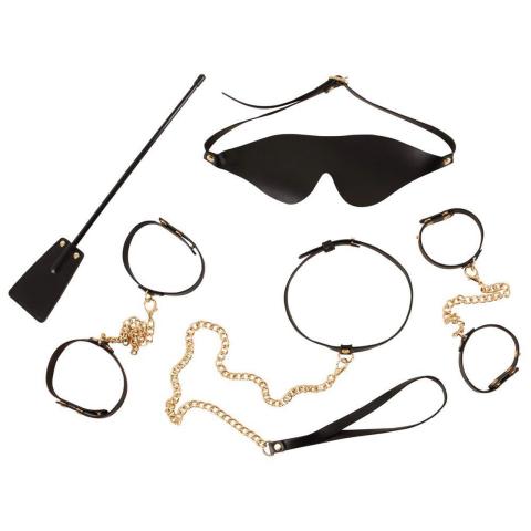 Zestaw bondage 5w1 czarno-złoty – kajdanki, obroża, opaska, pejcz