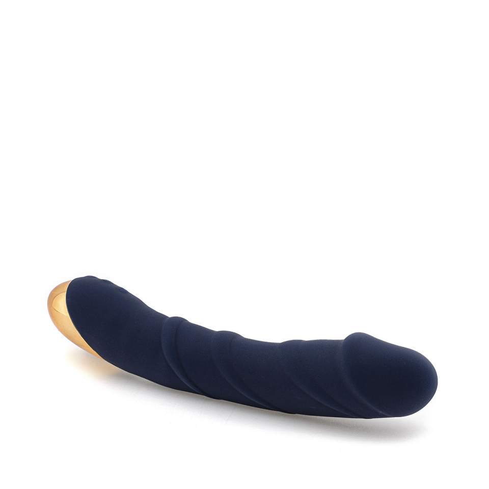 Granatowy wibrator klasyczny z funkcją grzania wykonany z silikonu i tworzywa ABS
