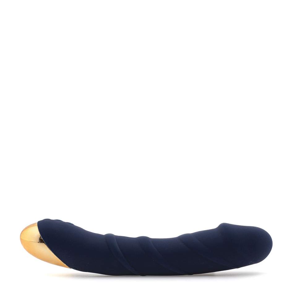 Granatowy wibrator klasyczny z funkcją grzania wykonany z silikonu i tworzywa ABS