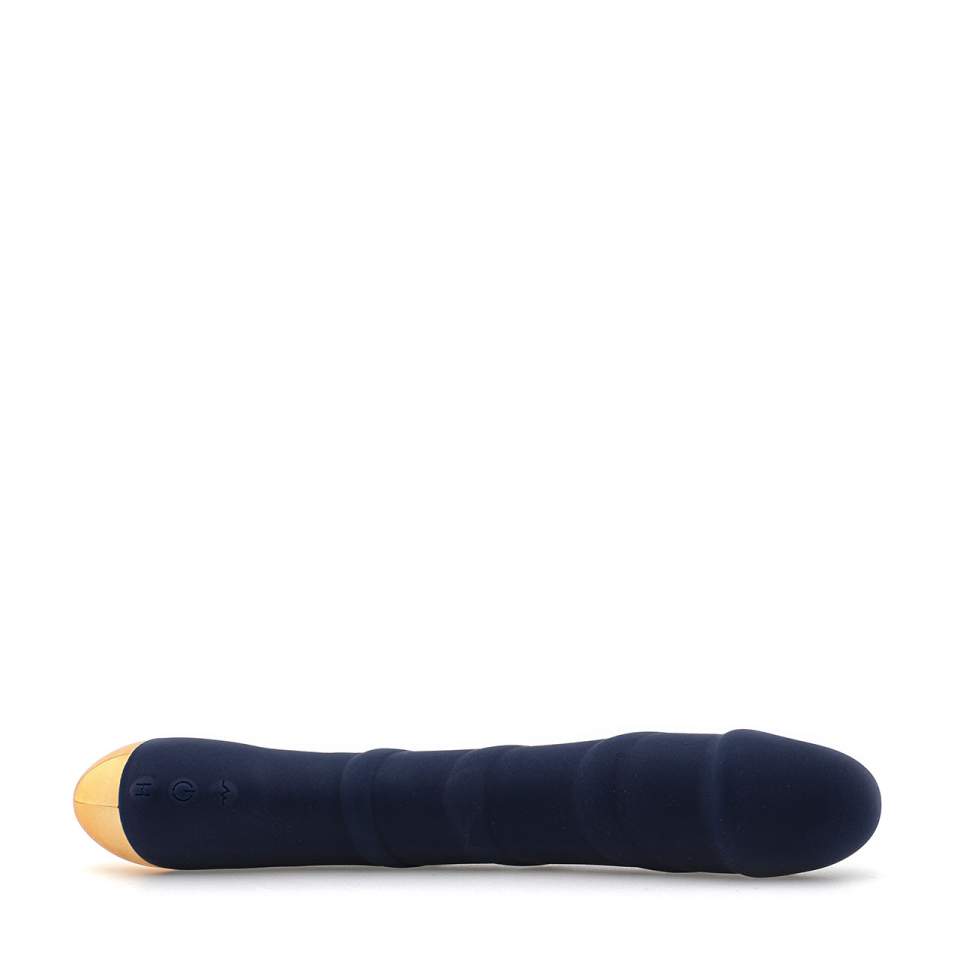 Granatowy wibrator klasyczny z funkcją grzania wykonany z silikonu i tworzywa ABS