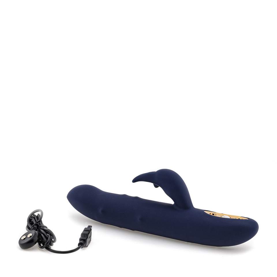 Granatowy wibrator króliczek z ruchomymi koralikami