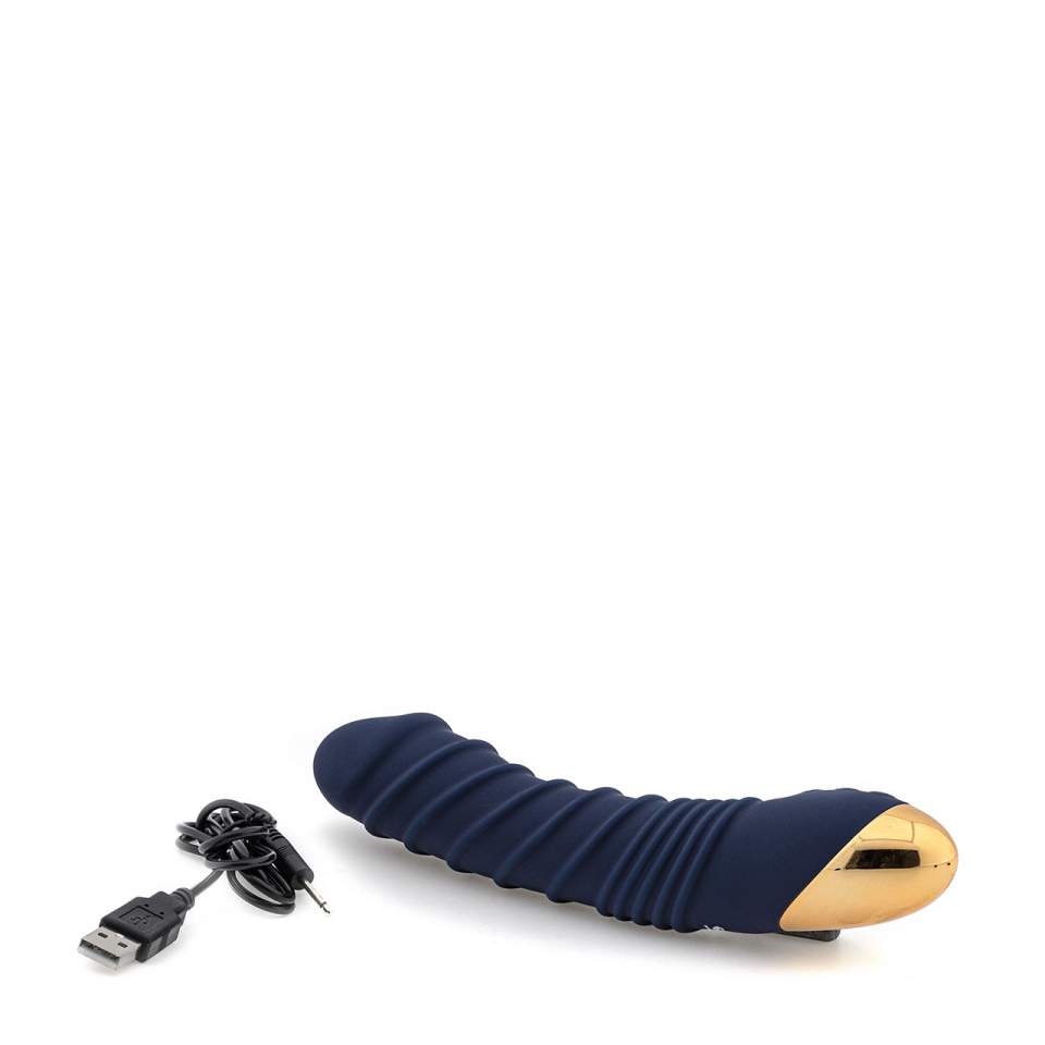 Granatowy karbowany wibrator klasyczny do masażu pochwy z funkcją grzania