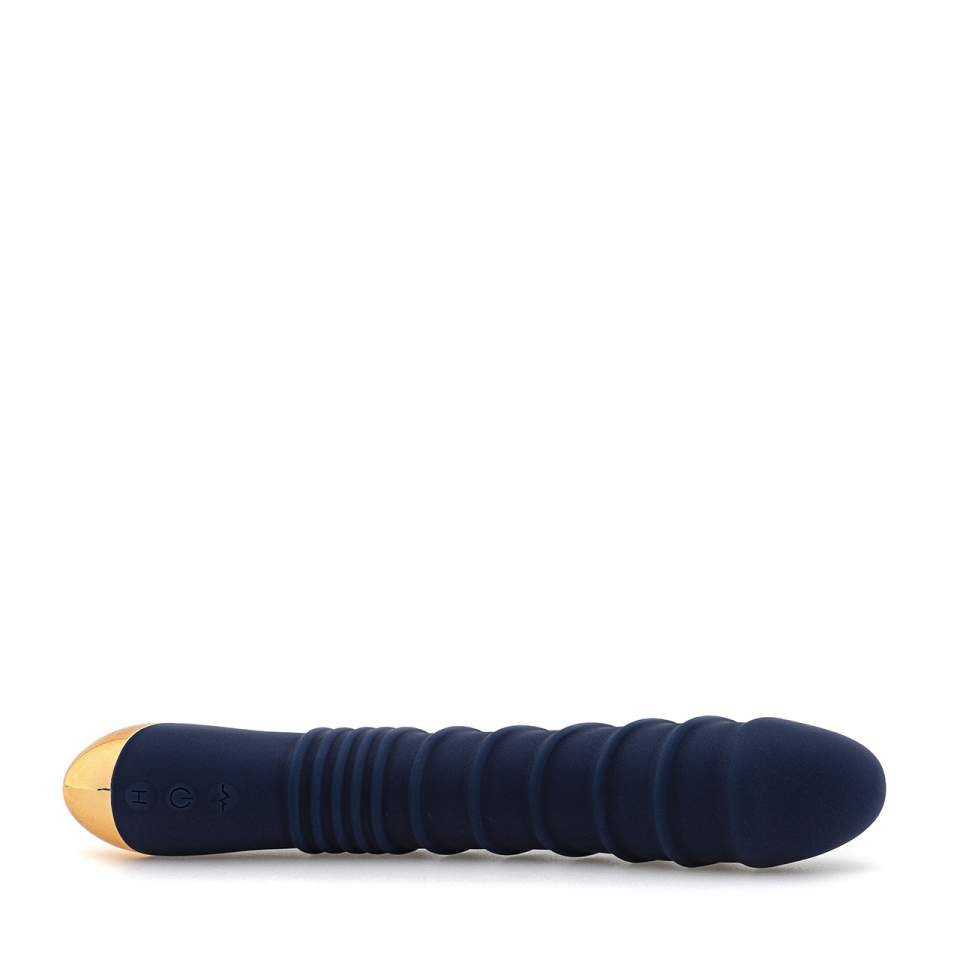 Granatowy karbowany wibrator klasyczny do masażu pochwy z funkcją grzania