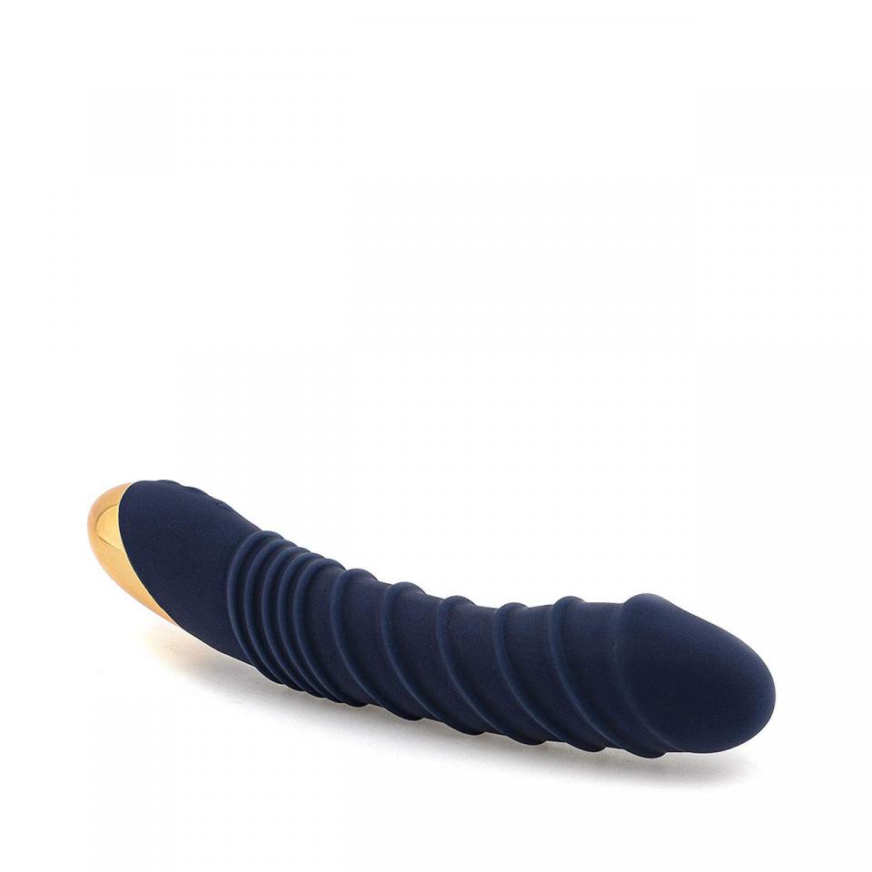 Granatowy karbowany wibrator klasyczny do masażu pochwy z funkcją grzania