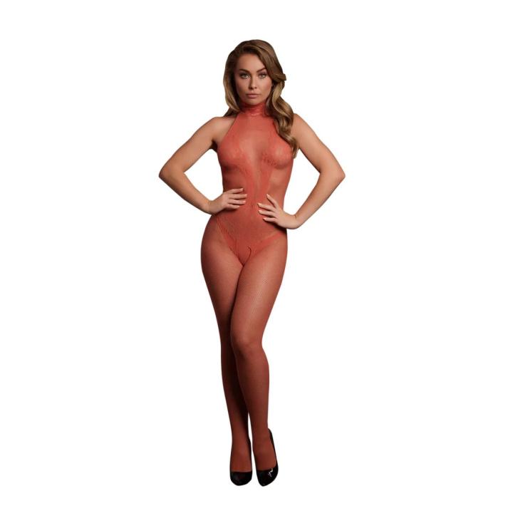 Koronkowo-siateczkowy bodystocking halter z otwartym krokiem XL–4XL | Loris.pl