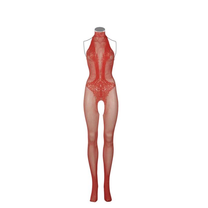 Koronkowo-siateczkowy bodystocking halter z otwartym krokiem XL–4XL