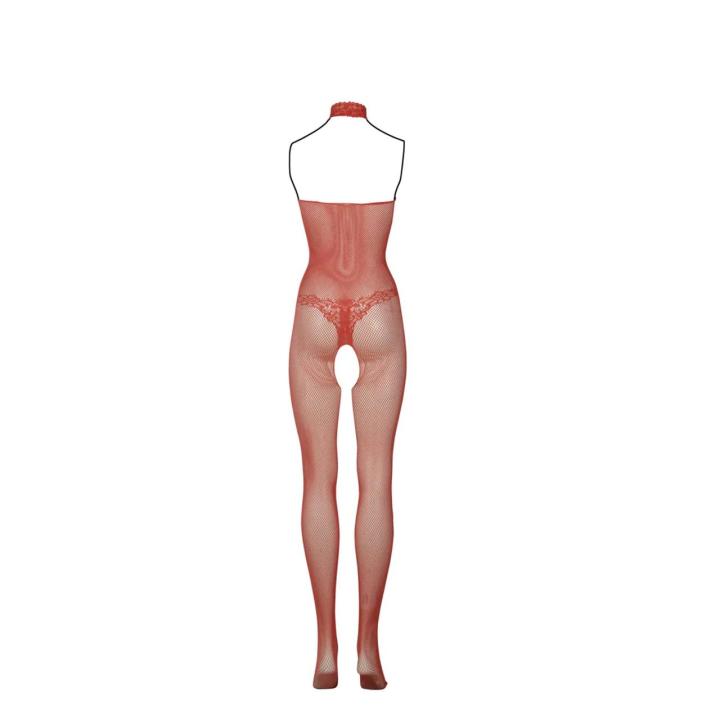 Koronkowo-siateczkowy bodystocking halter z otwartym krokiem XL–4XL