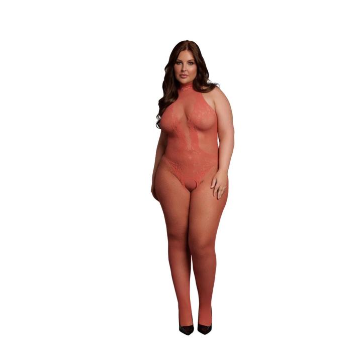 Koronkowo-siateczkowy bodystocking plus size XL–4XL | Halter i otwarty krok