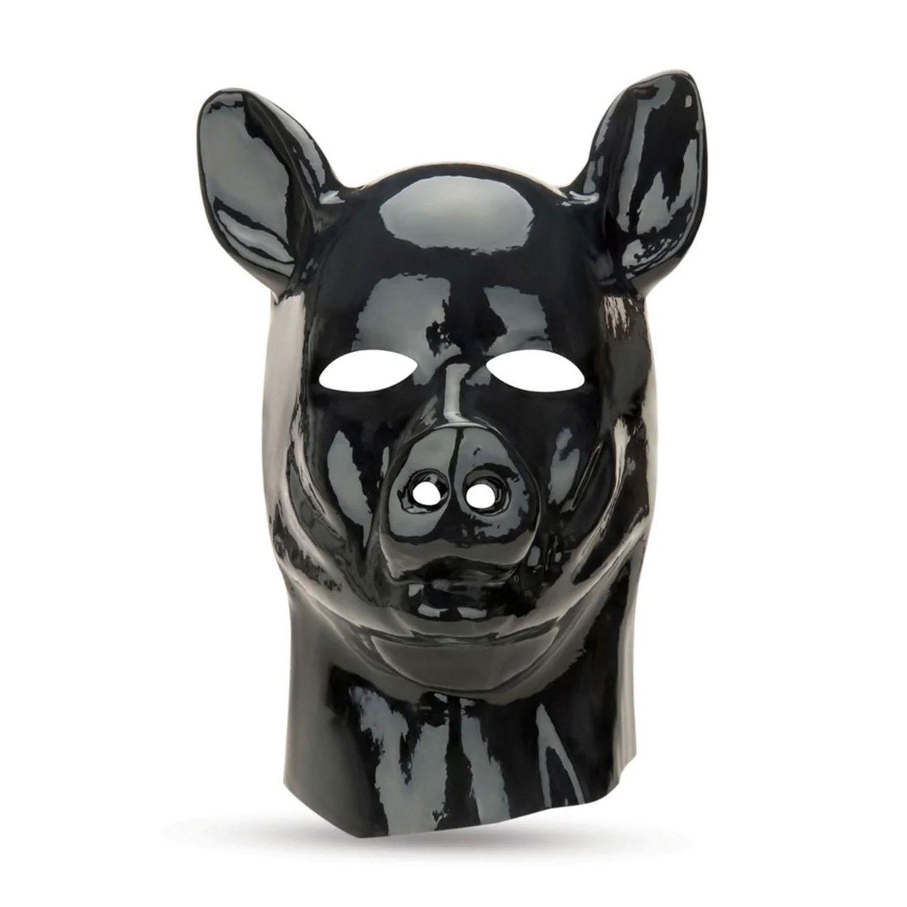 Czarna lateksowa maska świnki BDSM | Roleplay i animal play | Loris.pl