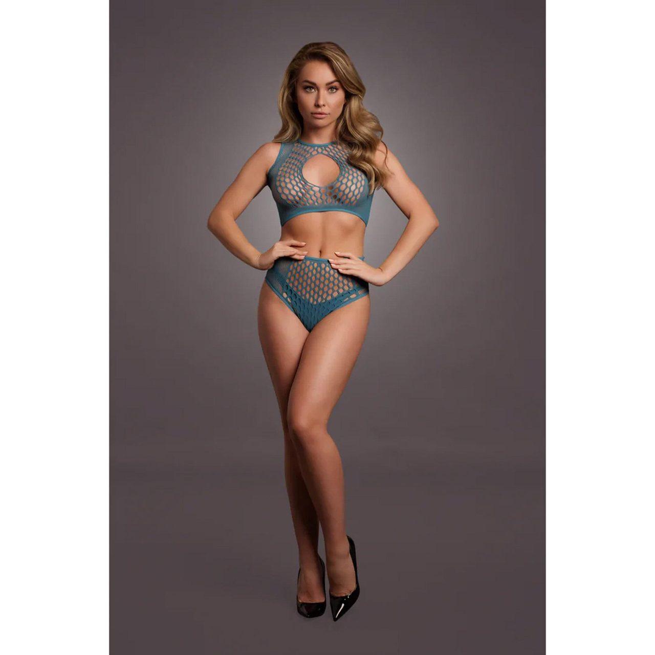 Niebieski komplet bielizny fishnet z keyhole | Top + figi z wysokim stanem XS–XL