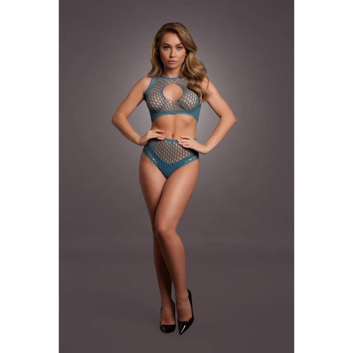 Niebieski komplet bielizny fishnet z keyhole | Top + figi z wysokim stanem XS–XL