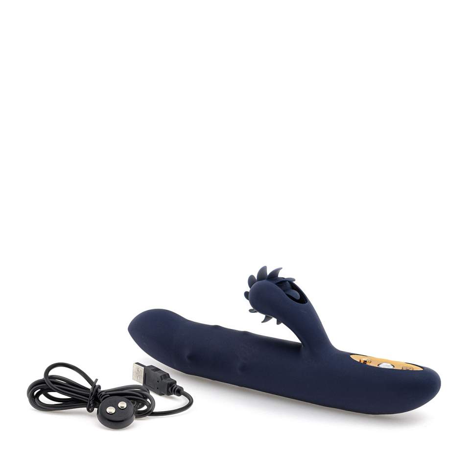 Granatowy silikonowy wibrator królik z ruchomymi językami do masażu łechtaczki