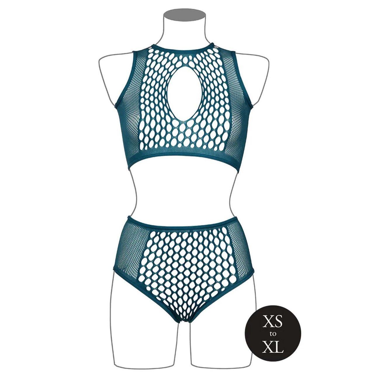 Niebieski komplet bielizny fishnet z keyhole | Top + figi z wysokim stanem XS–XL