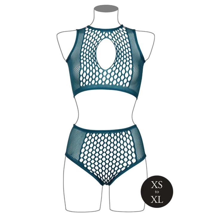 Niebieski komplet bielizny fishnet z keyhole | Top + figi z wysokim stanem XS–XL