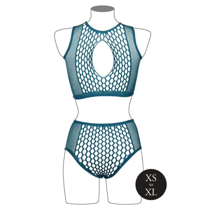 Niebieski komplet bielizny fishnet z keyhole | Top + figi z wysokim stanem XS–XL