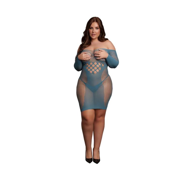 Niebieska sukienka mini z siateczki plus size XL–4XL | długi rękaw i wycięcia
