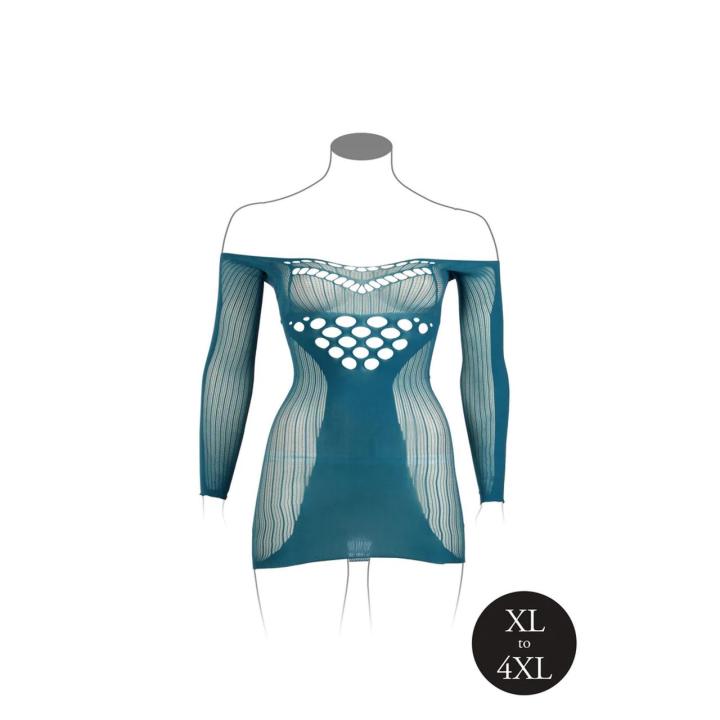 Niebieska sukienka mini z siateczki plus size XL–4XL | długi rękaw i wycięcia