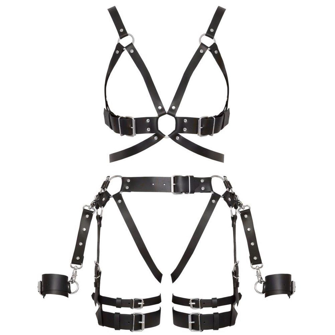 Skórzany zestaw harnessów z jock strap i kajdankami | Loris.pl