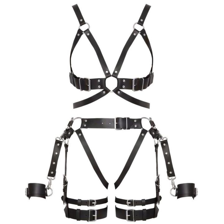 Skórzany zestaw harnessów z jock strap i kajdankami