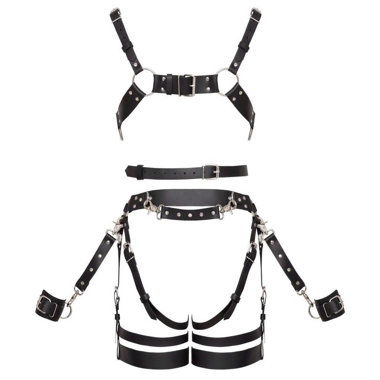 Skórzany zestaw harnessów z jock strap i kajdankami | Loris.pl