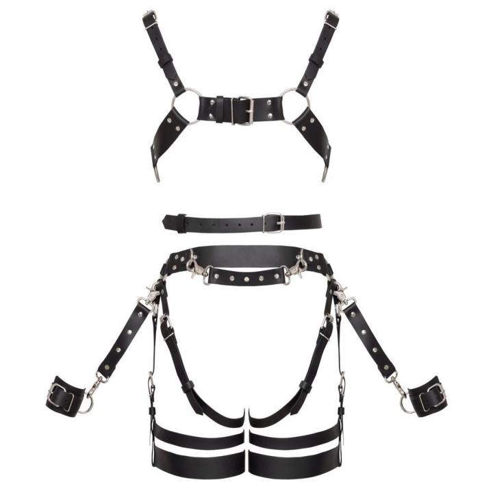 Skórzany zestaw harnessów z jock strap i kajdankami
