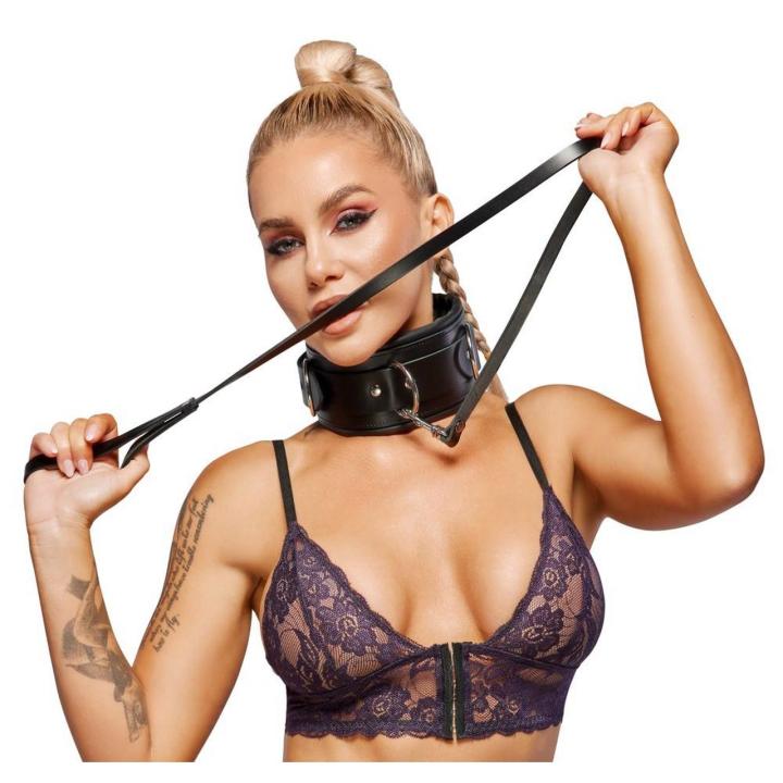 Skórzana obroża BDSM z kłódką i smyczą 97 cm | szeroka 8 cm