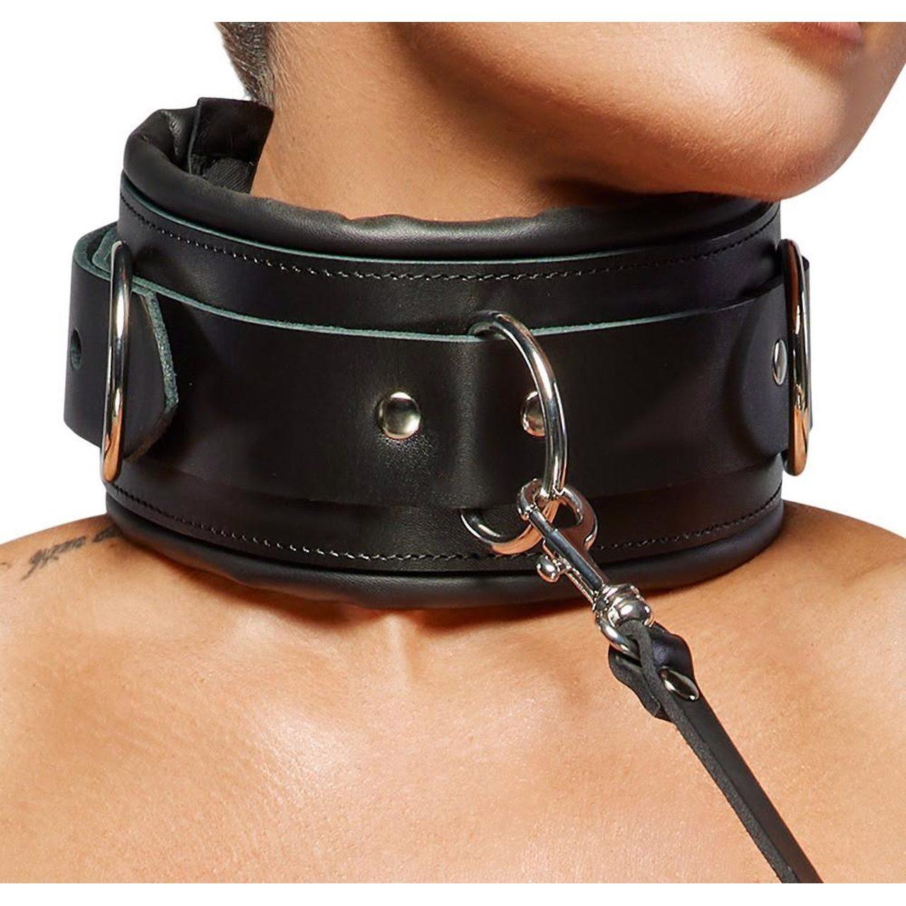 Skórzana obroża BDSM z kłódką i smyczą 97 cm | szeroka 8 cm