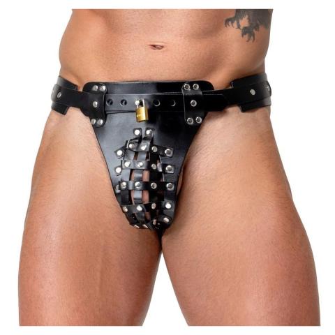 Skórzany jockstrap męski z zamkami na kluczyk i uchwytem na korek