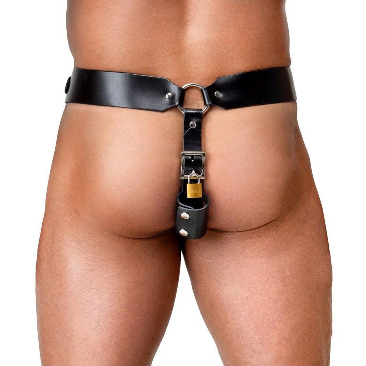 Skórzany jockstrap męski z zamkami na kluczyk i uchwytem na korek | Loris.pl