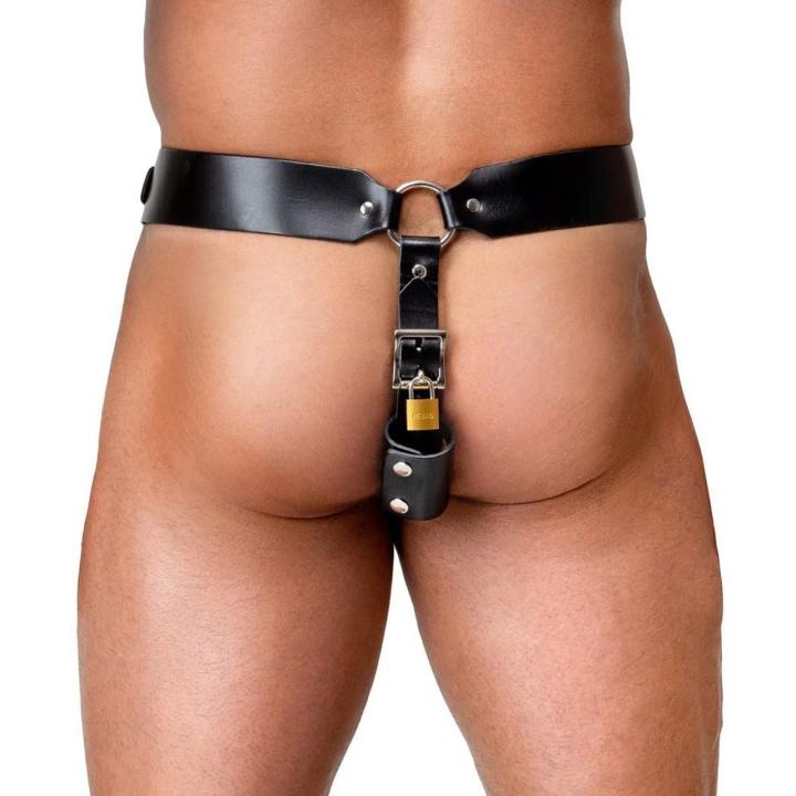 Skórzany jockstrap męski z zamkami na kluczyk i uchwytem na korek | Loris.pl