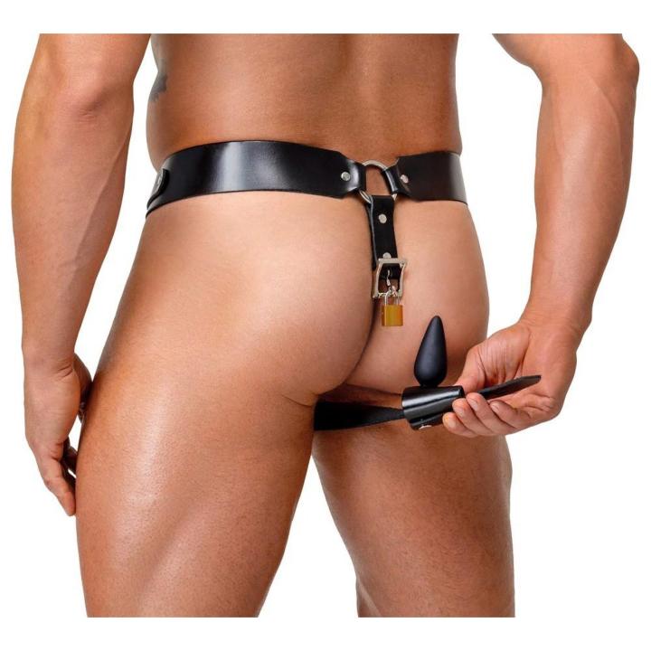 Skórzany jockstrap męski z zamkami na kluczyk i uchwytem na korek