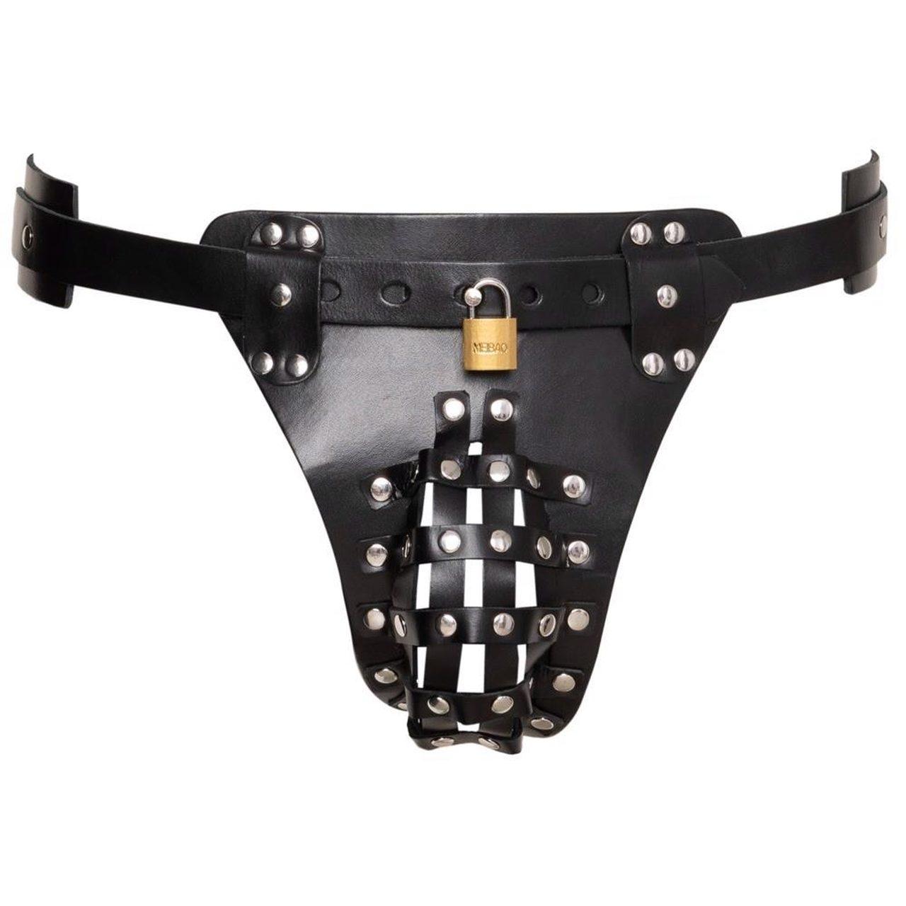 Skórzany jockstrap męski z zamkami na kluczyk i uchwytem na korek | Loris.pl