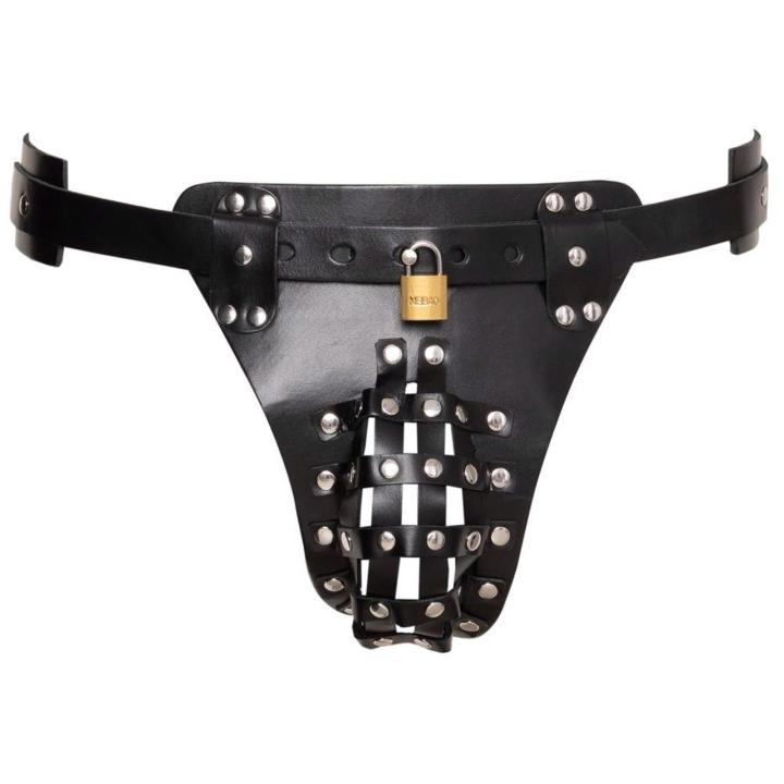 Skórzany jockstrap męski z zamkami na kluczyk i uchwytem na korek