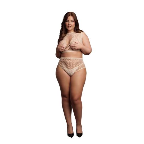 Cielisty komplet siateczkowy plus size z wycięciem keyhole