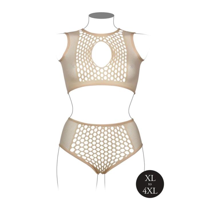 Cielisty komplet siateczkowy plus size z wycięciem keyhole