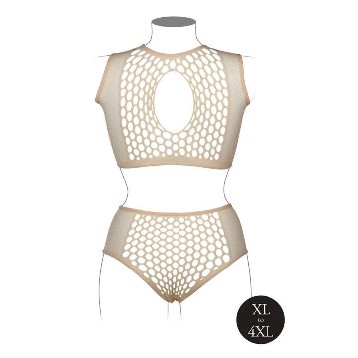 Cielisty komplet siateczkowy plus size z wycięciem keyhole