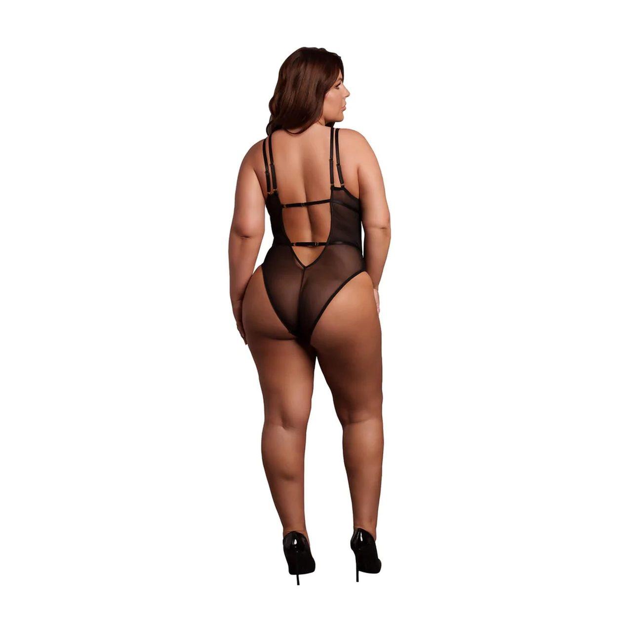 Czarne koronkowe body plus size na fiszbinach | Regulowane ramiączka